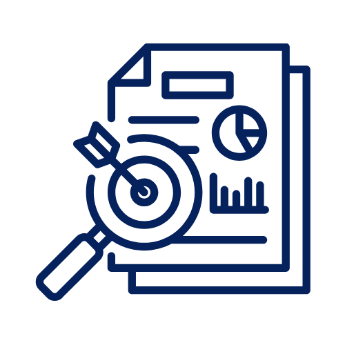 Minimalist icon showing a paper report with graphs, a magnifying glass, and a bullseye arrow on the report.