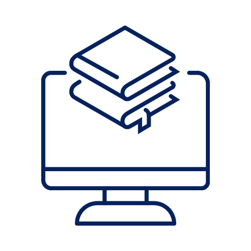 Minimalist icon showing a Mac computer and two books.