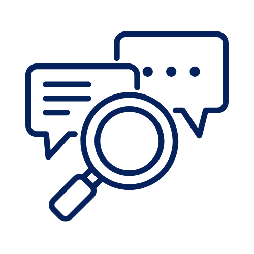 Minimalist icon showing a magnifying glass over two speech bubbles.