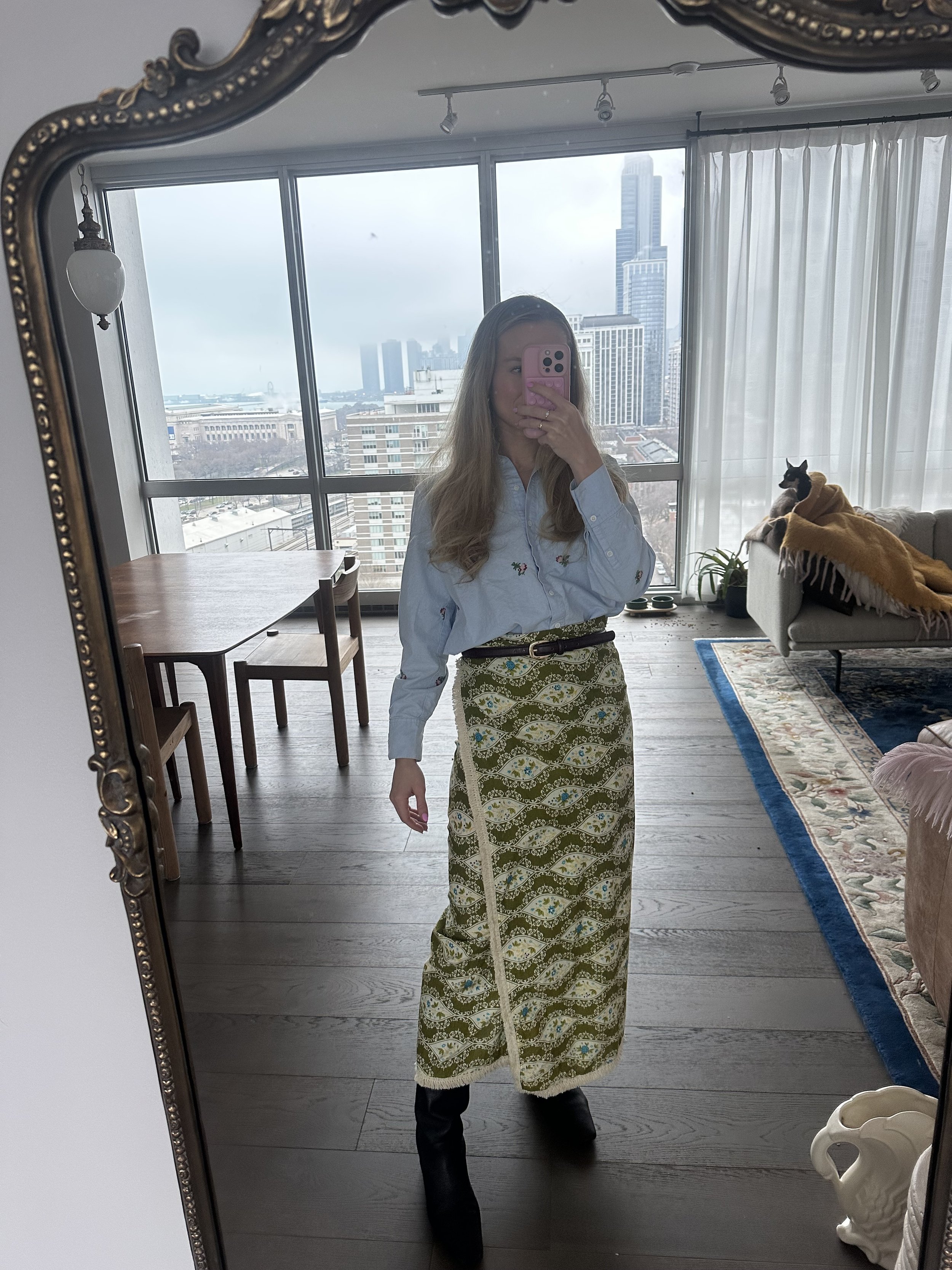Outfit Details: Hill House button down (old),
Chan Luu skirt ,
Mango belt ,
Steve Madden boots