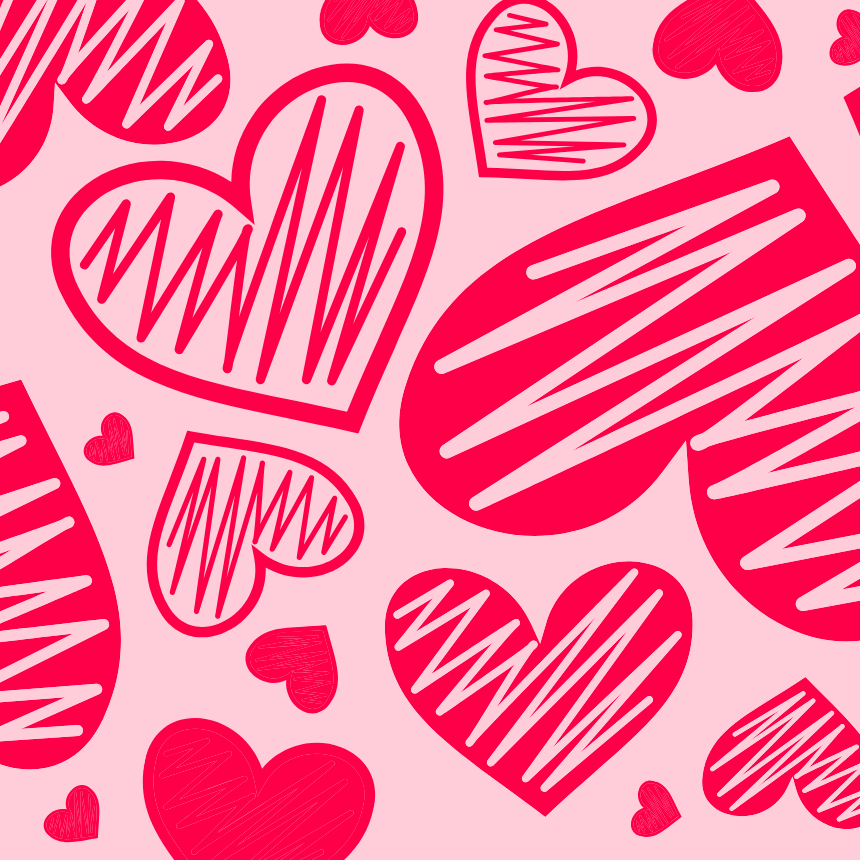 Pattern of red and pink hearts with scribbled lines on a pink background.