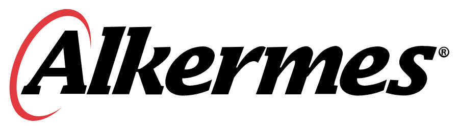 Alkermes logo with black text and a red curved line