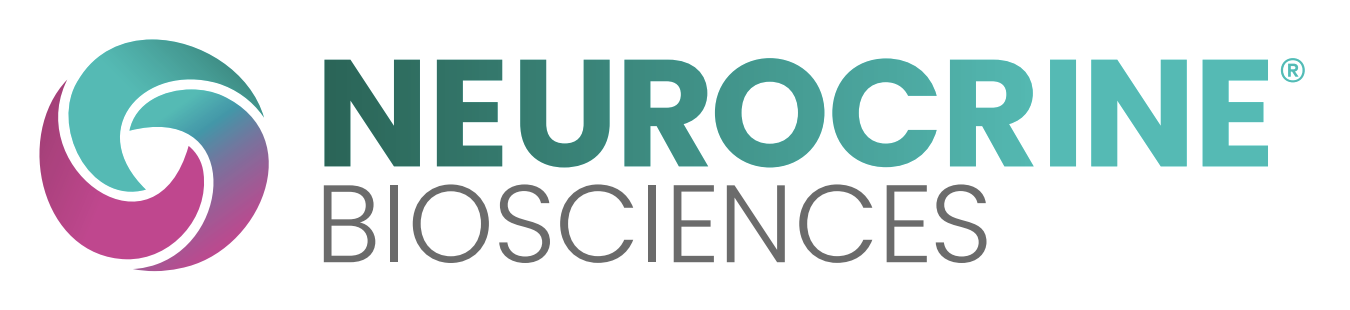 Logo of Neurocrine Biosciences with a circular swirl graphic in teal and purple, and the company name in bold teal and gray text.