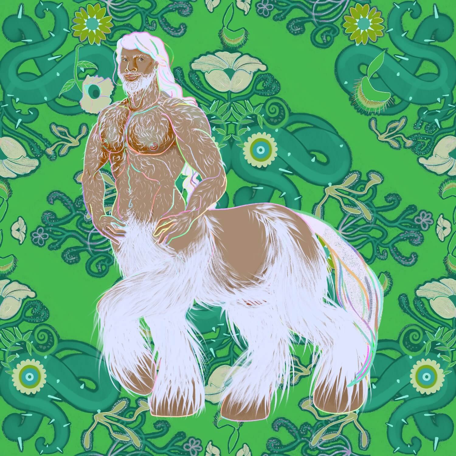 A smug looking centaur with an exaggerated muscled body and prominent nipples walks forward proudly, with a very hairy body- both human and horse!