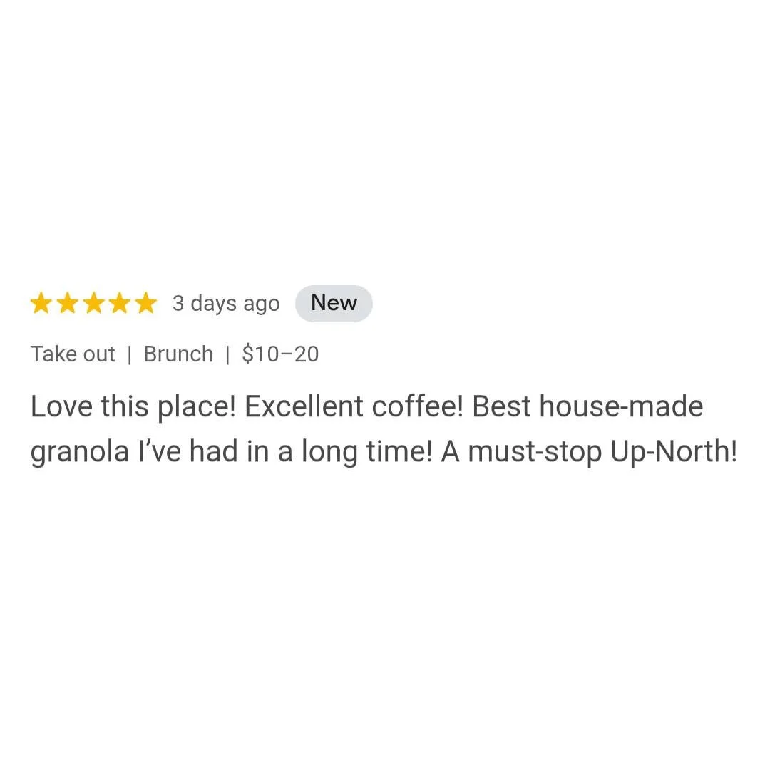 We appreciate the love! Thanks for the 5-star review and for making us part of your Up North experience.

 #granola #homestylebaking #ourtowncoffeeandtreats #bakedfresh #localcoffeeshop #shoplocal #grayling #upnorth