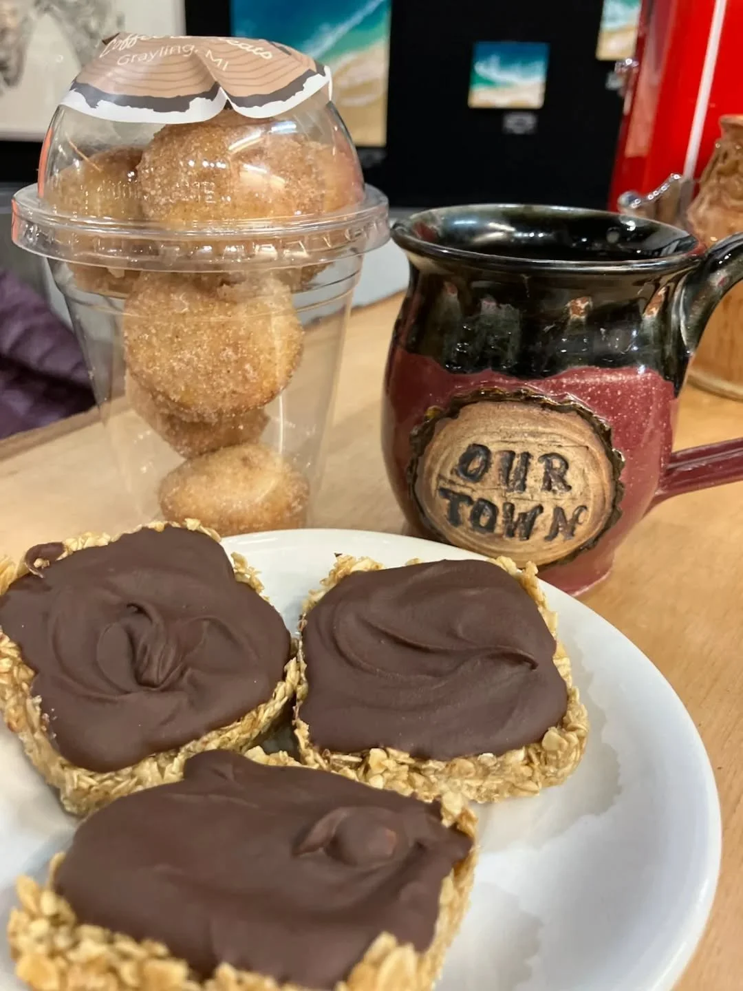 Grab some donut muffins to go or a flourless oat bar to fuel your day.

#ourtowncoffee #ourtowncoffeeandtreats #freshbaked #smallbatchbakery