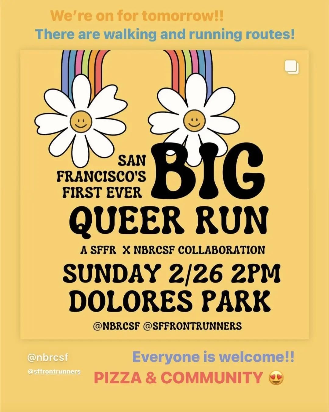 Looking forward to tomorrow's Big Queer Run sponsored by @sffrontrunners and @nbrcsf ! Join us, 2pm in Dolores Park!