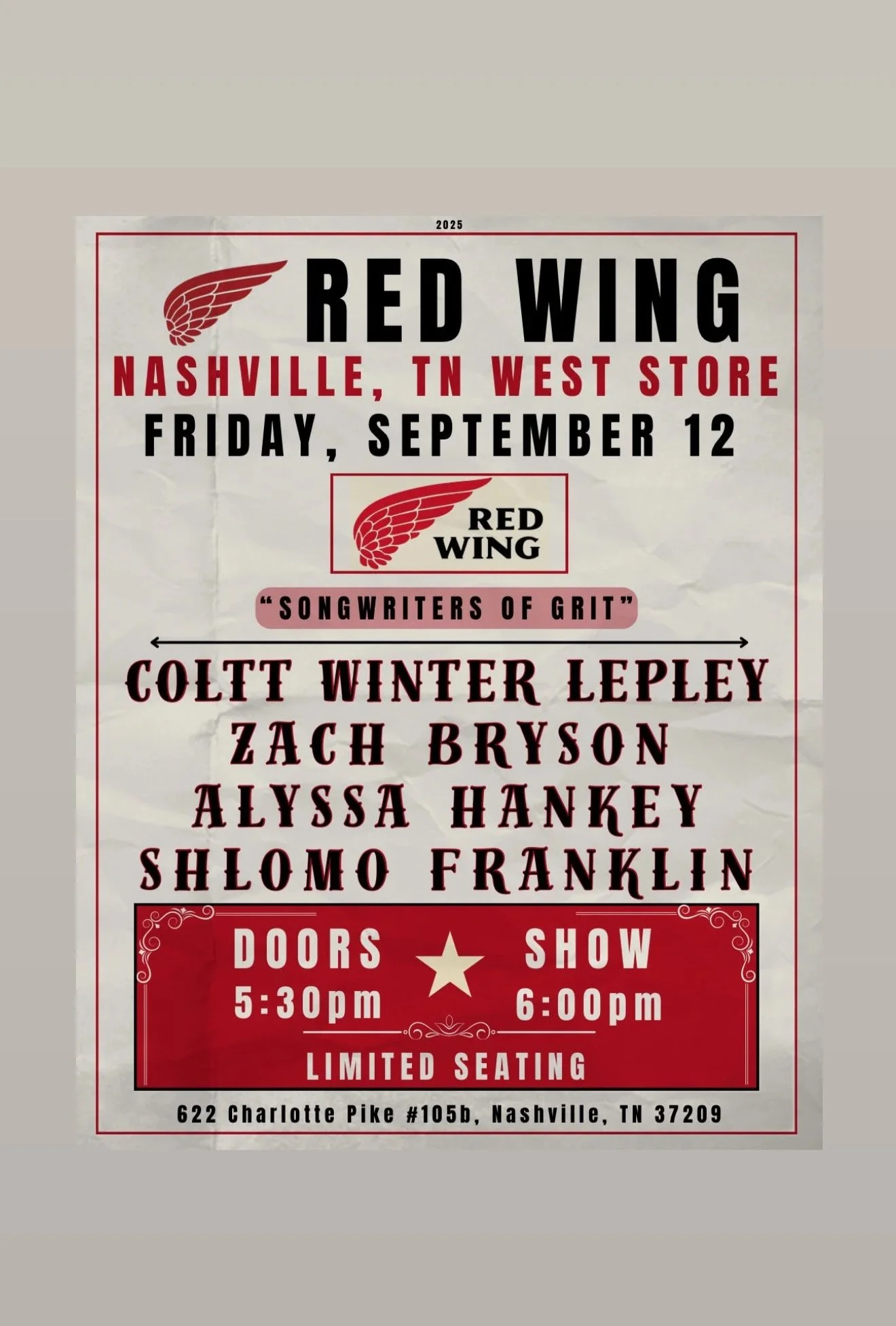 Red Wing Store (Nashville, TN) "Songwriters of Grit" - Americanafest Week