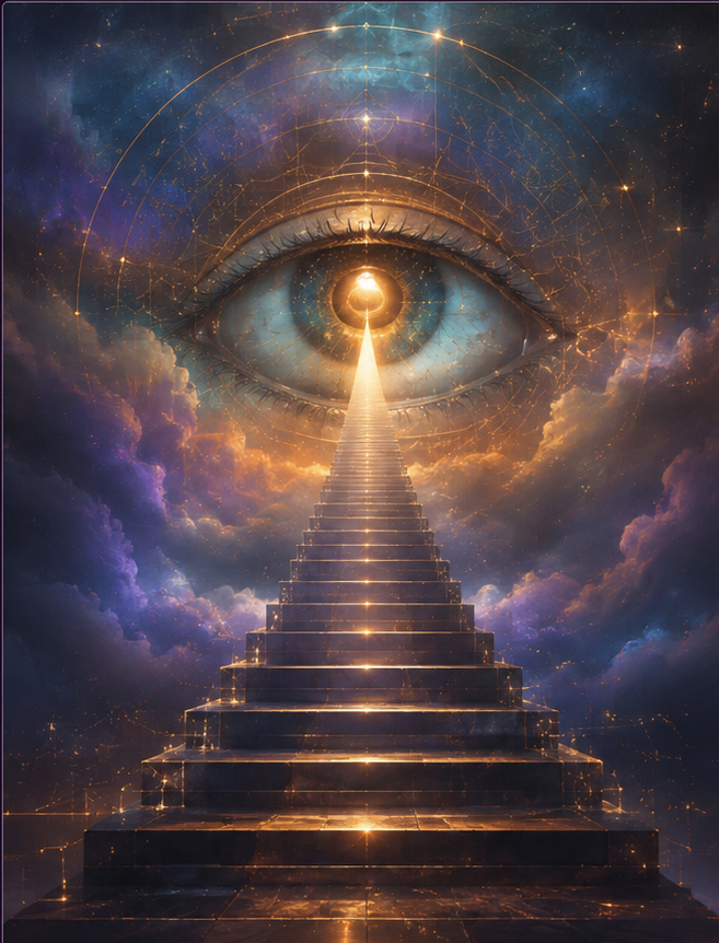 A luminous staircase leading toward an illuminated eye, symbolizing clarity, possibility, and personal growth.
