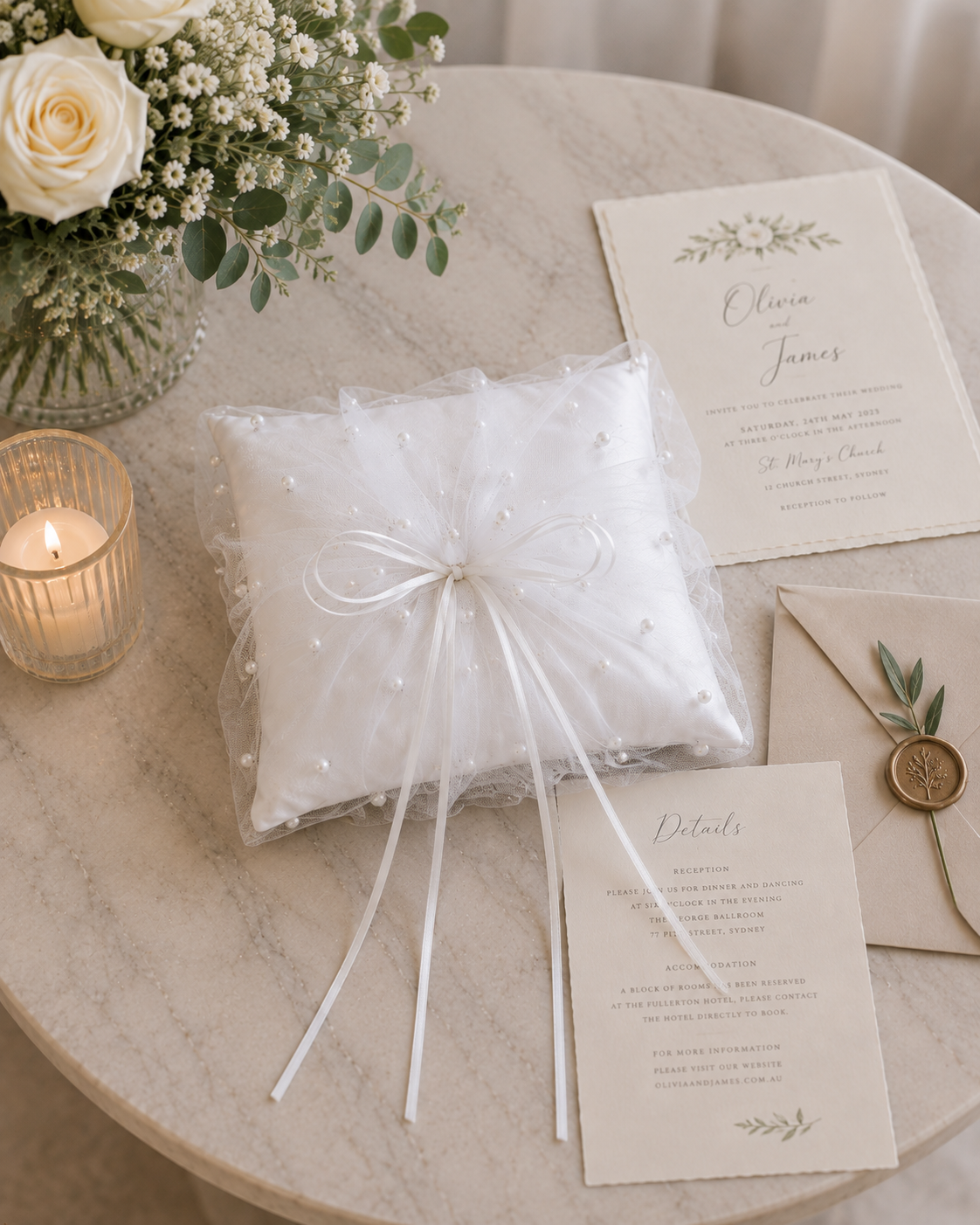 White or Ivory Pearl Ring Bearer Pillow