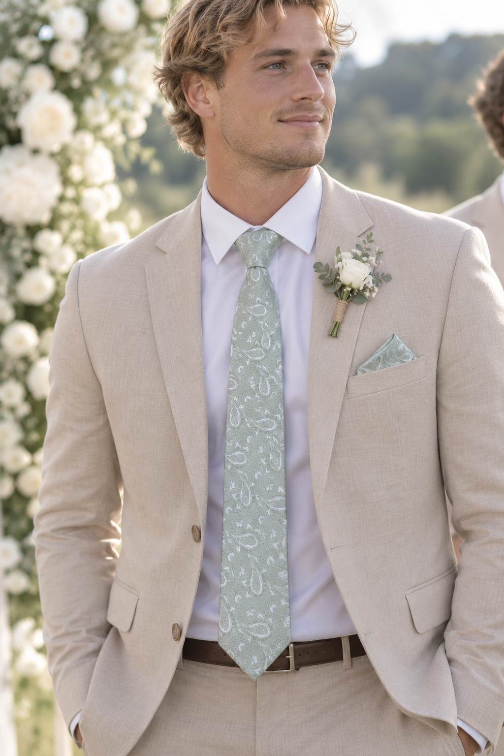 Sage Green Paisley Silk Tie Set