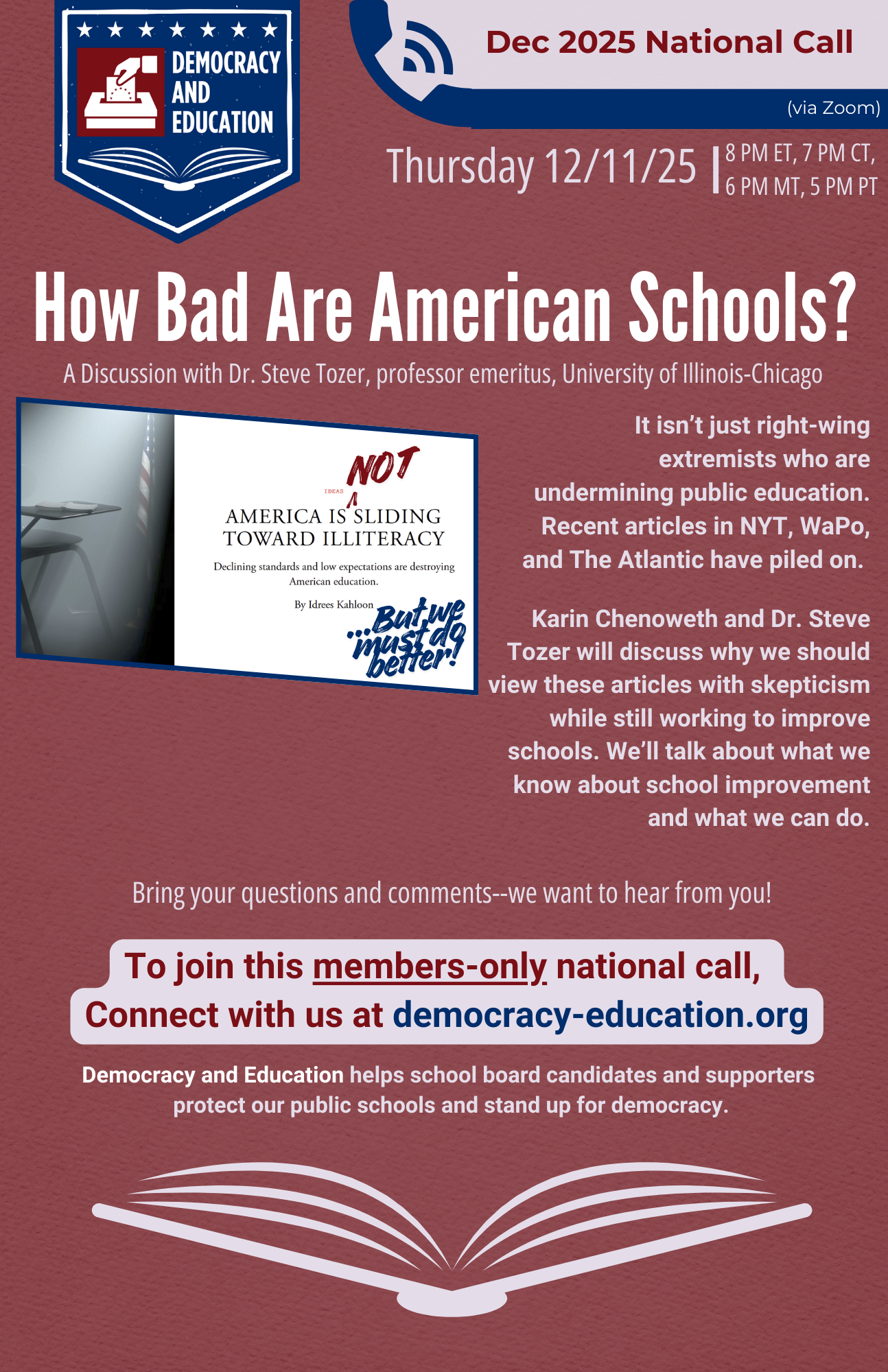 “How Bad Are American Schools?” - A Discussion with Dr. Steve Tozer - December 2025 National Call