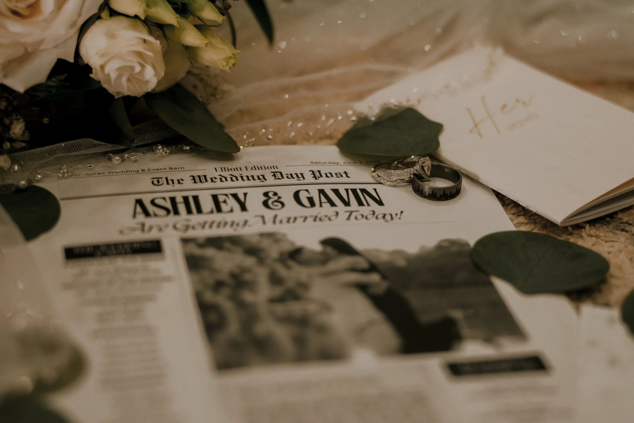 Wedding detail photography featuring rings and invite in Buford GA