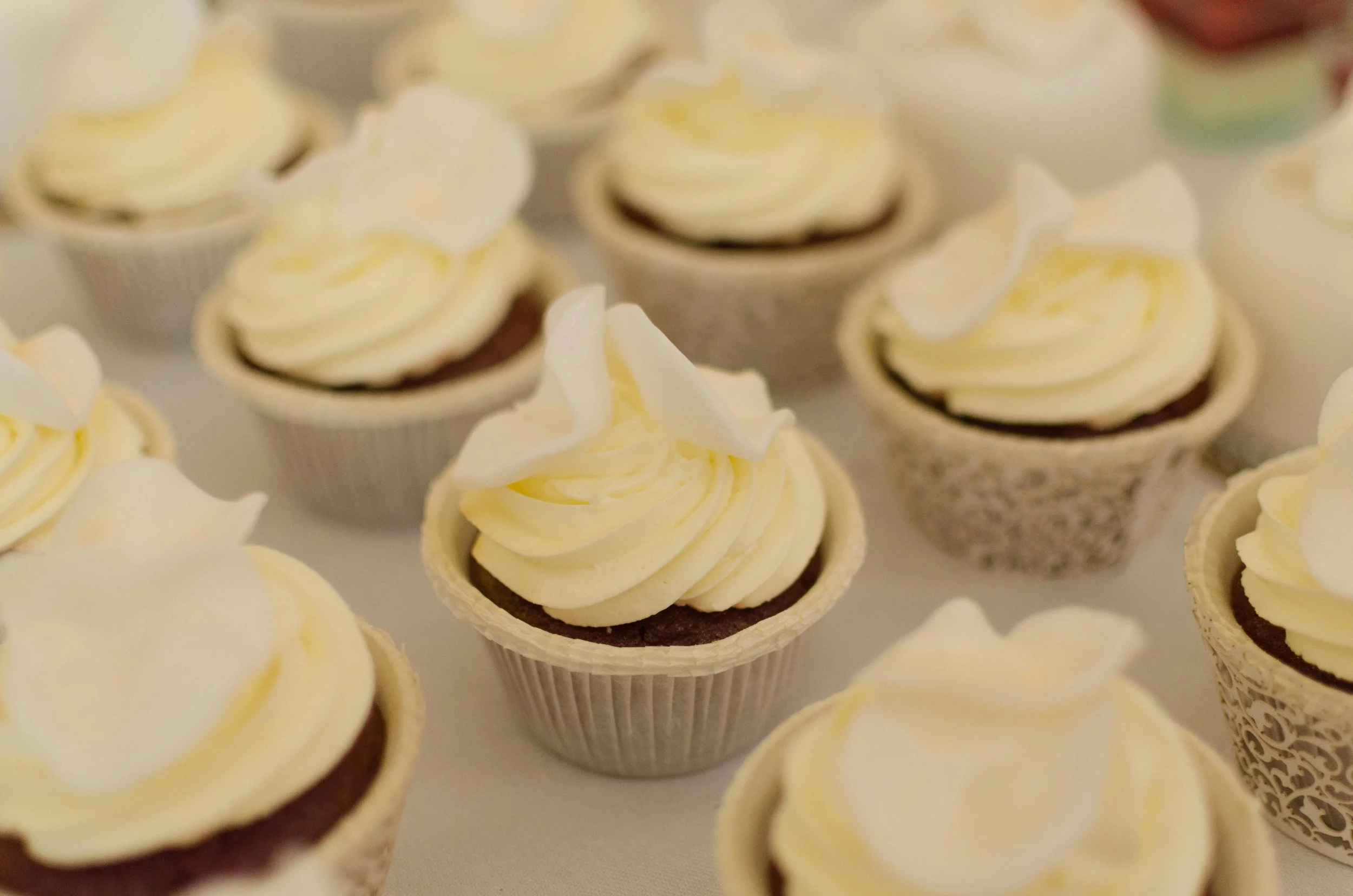 Several cupcakes with white frosting and decorative white chocolate pieces on top.