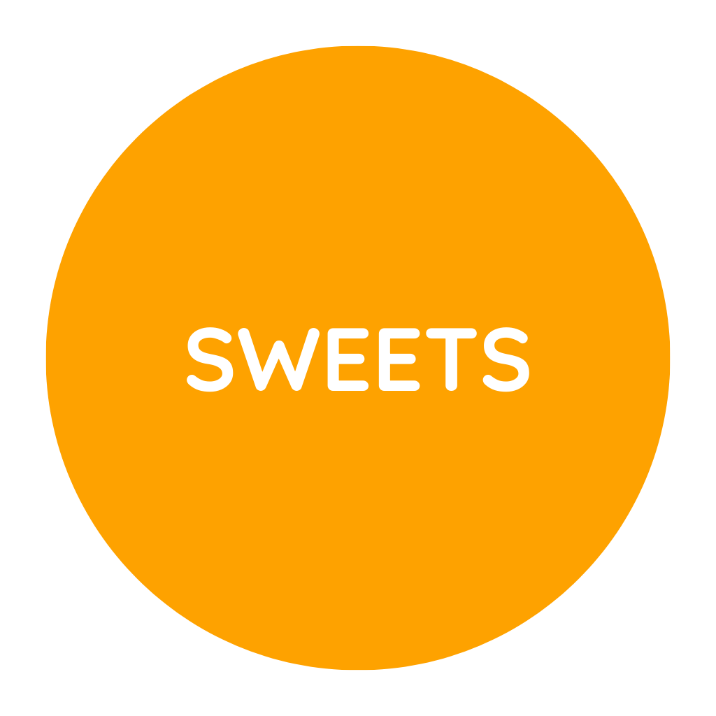 Orange circle with the word 'SWEETS' written in white in the center.