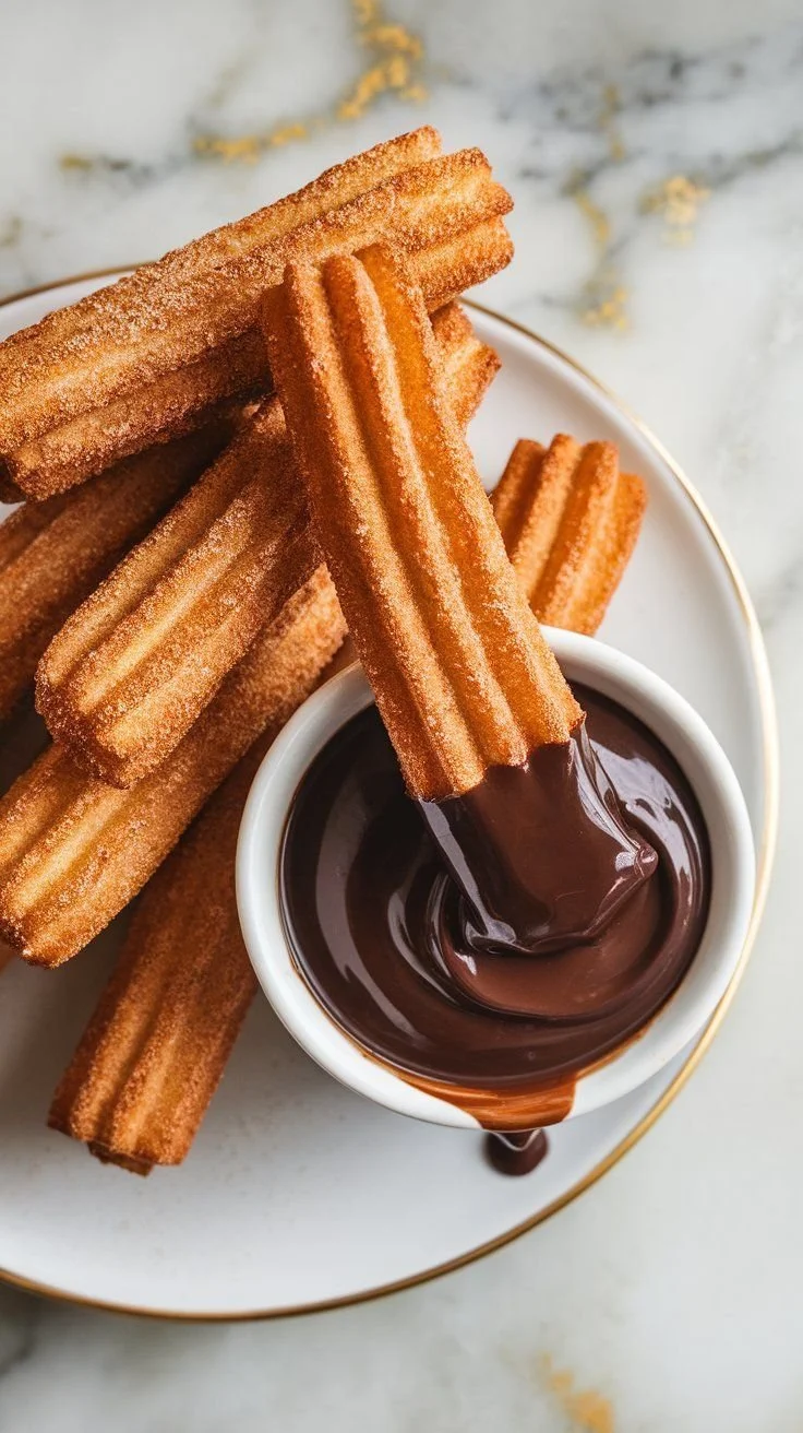 Churros dipped in chocolate sauce on a white plate with a marble background.