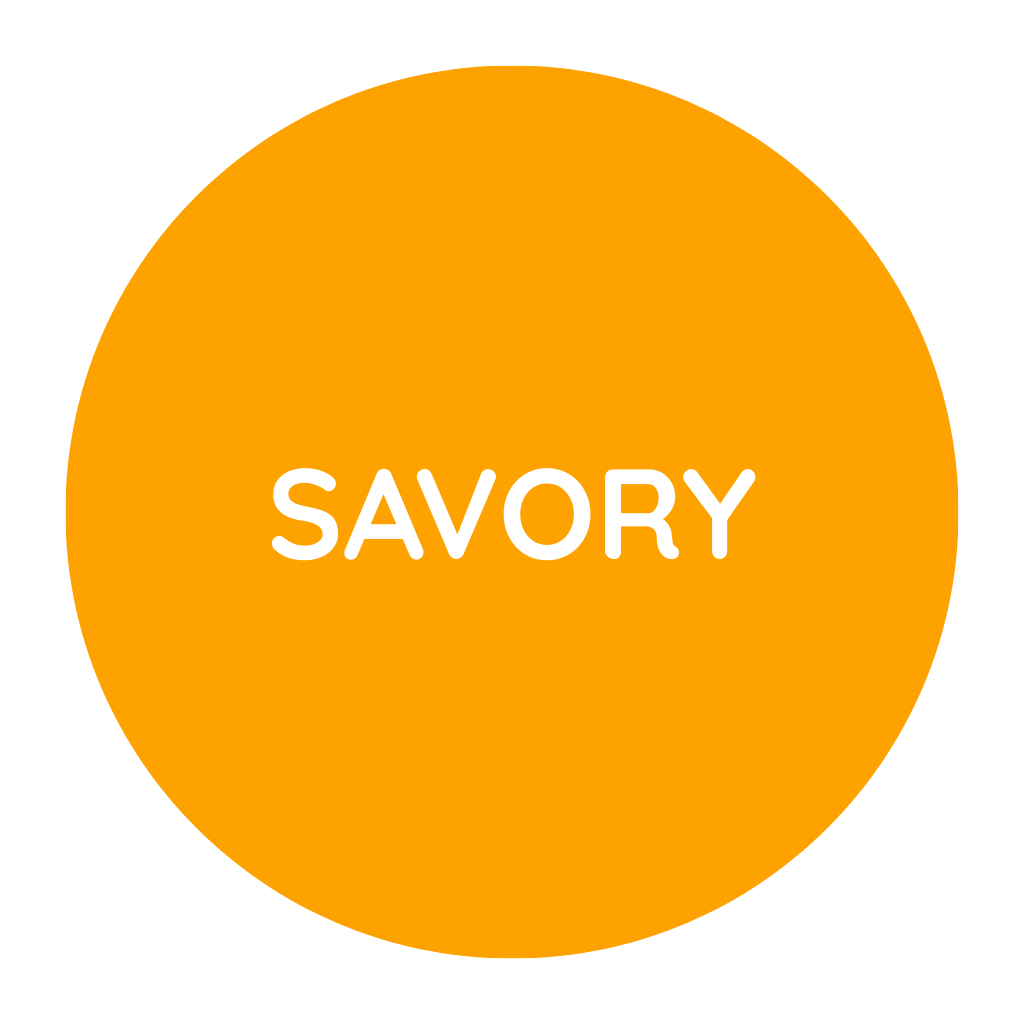 Orange circle with the word 'SAVORY' written in white in the center