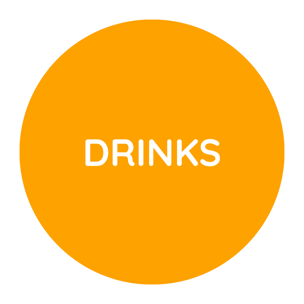 Orange circular button with the word 'DRINKS' in white text in the center.