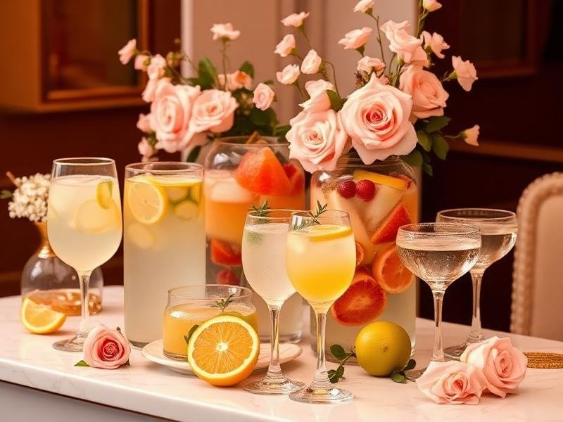 A table with various glasses of lemonade and infused water, fresh lemon slices, a pink rose, a large vase of pink roses and peach-colored flowers, and whole peaches and an apple, all arranged decoratively.