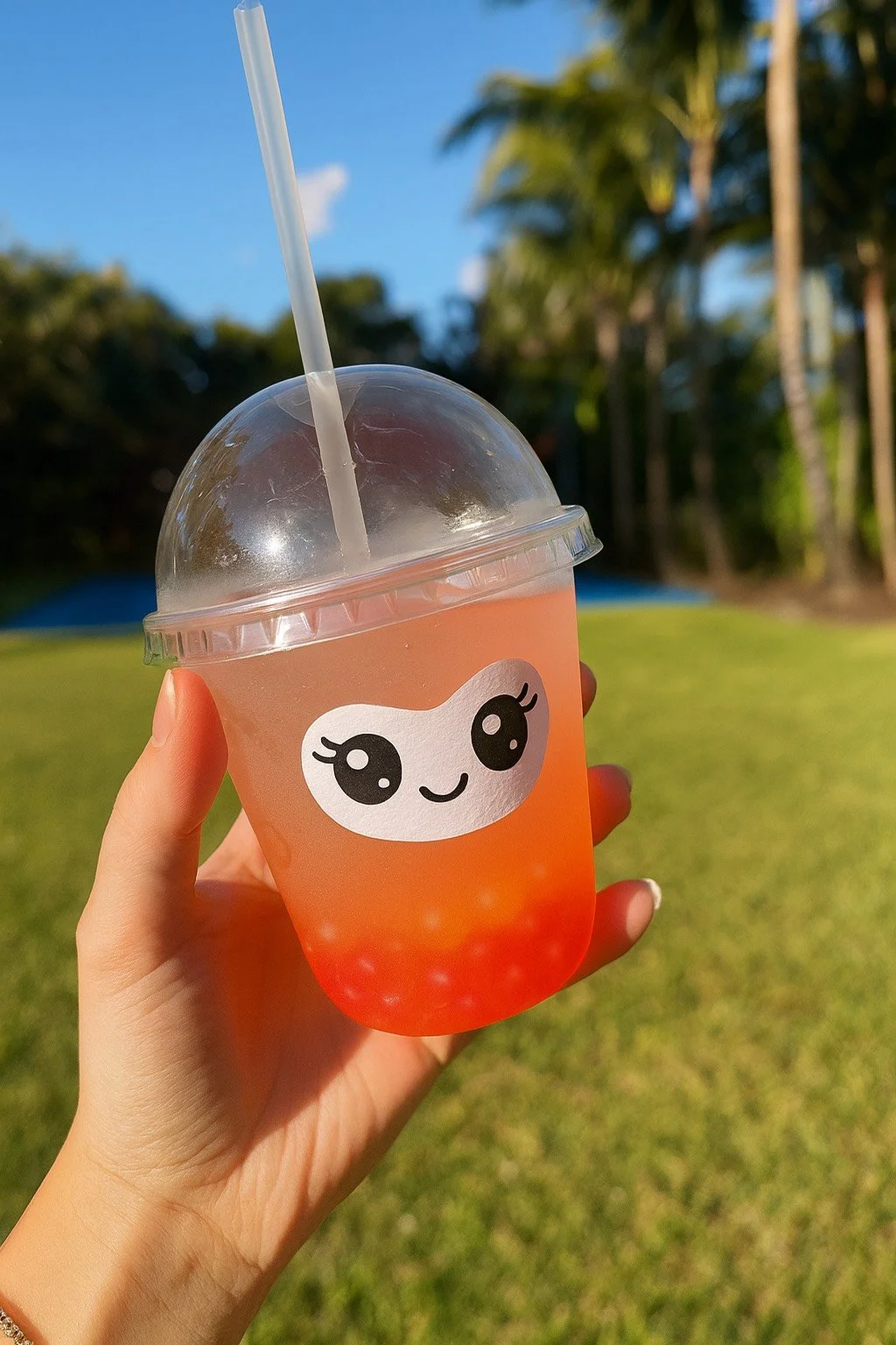 Hand holding a transparent cup with pink and orange beverage, featuring a cute smiling face with big eyes on the cup, outdoors on a sunny day with trees and blue sky in the background.