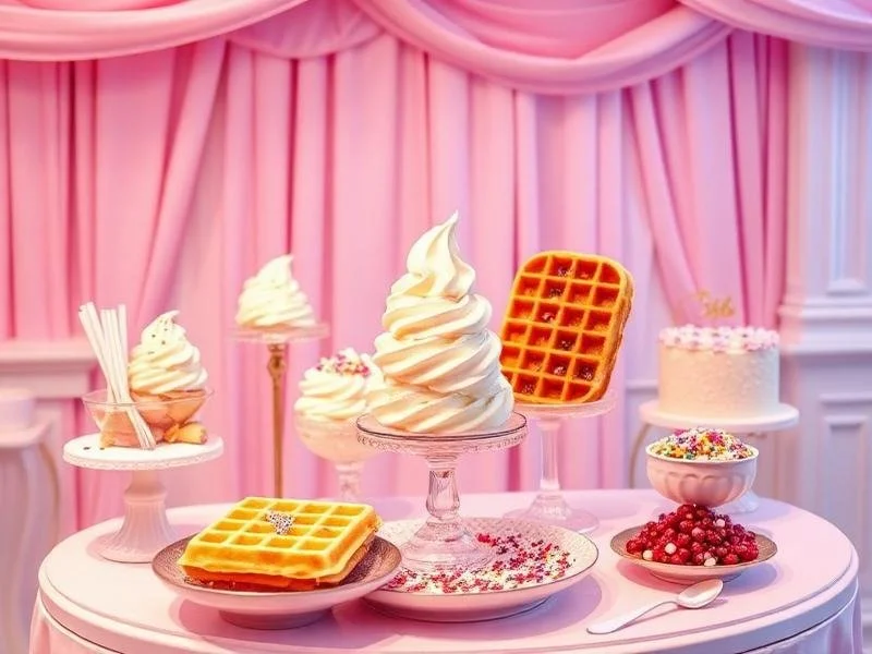 Sweet dessert table with soft serve ice cream, waffles, cake, and toppings in a pink-themed setting with draped pink curtains.