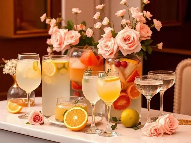 An assortment of colorful drinks with lemon and orange slices, pink roses, and a large vase of pink roses in the background on a white table.