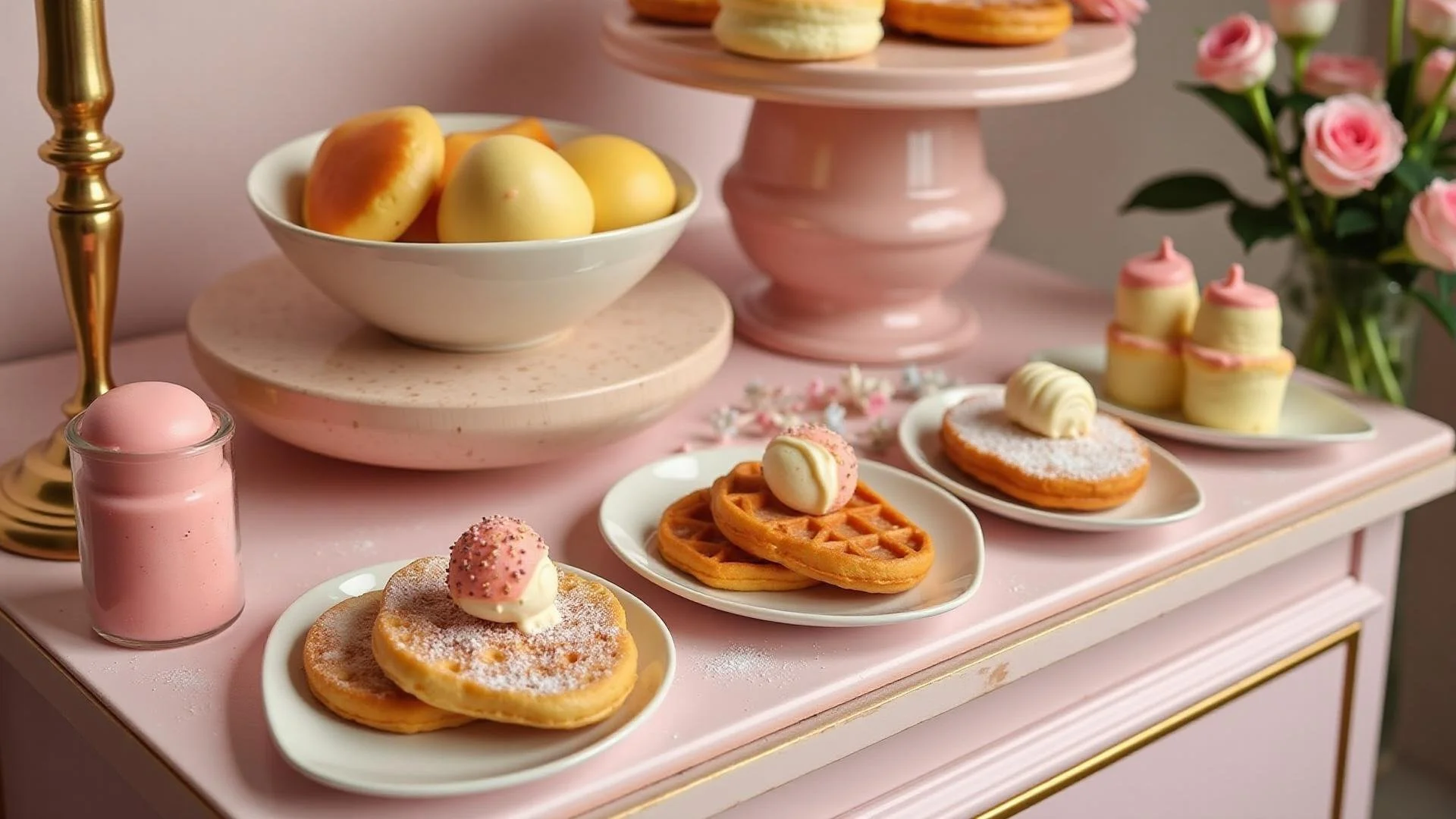Pink table with assorted desserts including waffles topped with pink and white decorations, a jar of pink ice cream, and cream-filled pastries. A bowl of yellow apples and a pink cake stand with more pastries are in the background, along with a bouquet of pink roses.