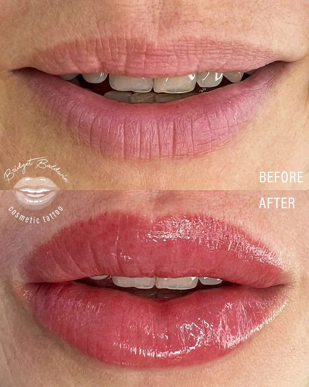 Close-up of lips showing before and after cosmetic tattooing. The top image shows natural lips, and the bottom image shows enhanced, colored lips.
