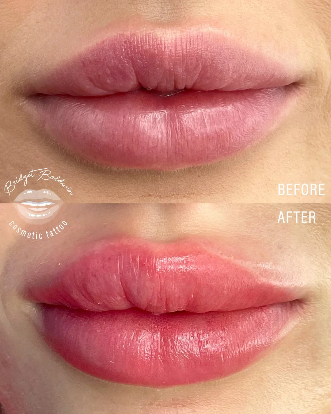 Before and after lip cosmetic tattooing, showing lips with enhanced color and definition.