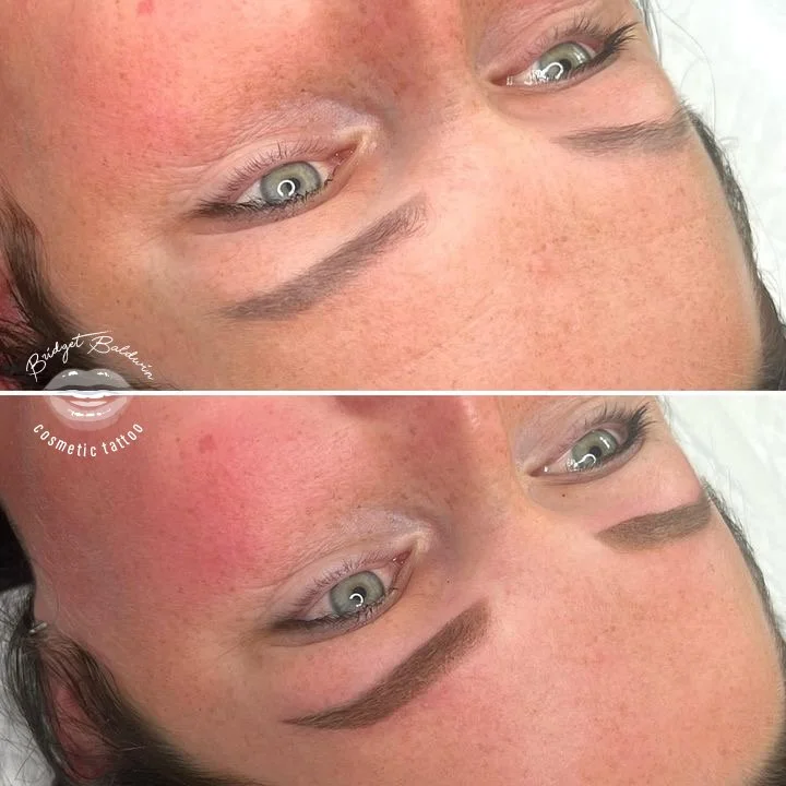 Before and after image showing eyebrow tattoo transformation with a warmer colored eyebrows.