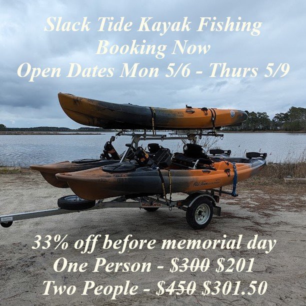 Booking now! I have open availability starting next week! The weather looks great, now's the perfect chance to get on the water and try kayak fishing!

I'm offering a huge bonus discount to the first person to book. Use code FIRSTTOBOOK on my website