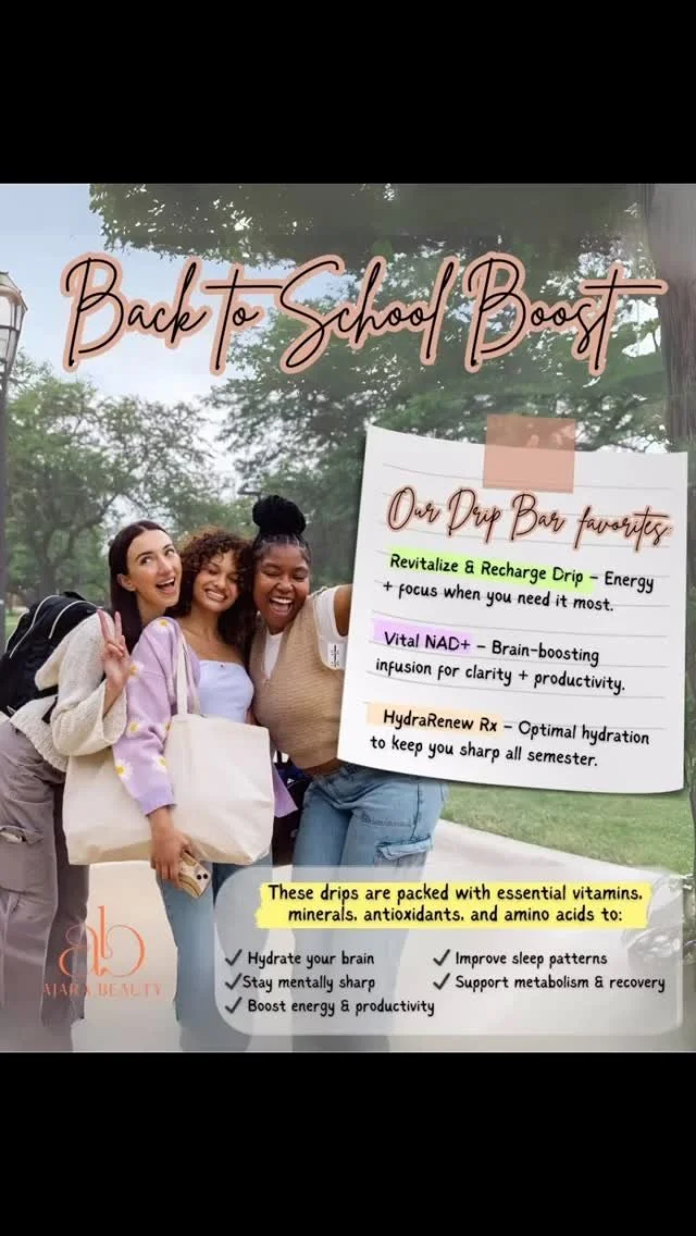 📚✨ Back-to-School, Stronger Than Ever ✨📚
No matter what you’re gearing up for this year, let’s make it your healthiest yet with the help of powerful micronutrients that keep your immune system and brain at their best.
Our Drip Bar fav