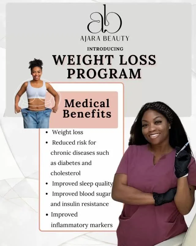 ✨ Introducing Ajara Beauty’s Medical Weight Loss Program ✨
If you’ve been trying to lose weight and feel like your body just isn’t responding — you are not alone. So many of us are fighting genetics, hormones, stress, inflamma