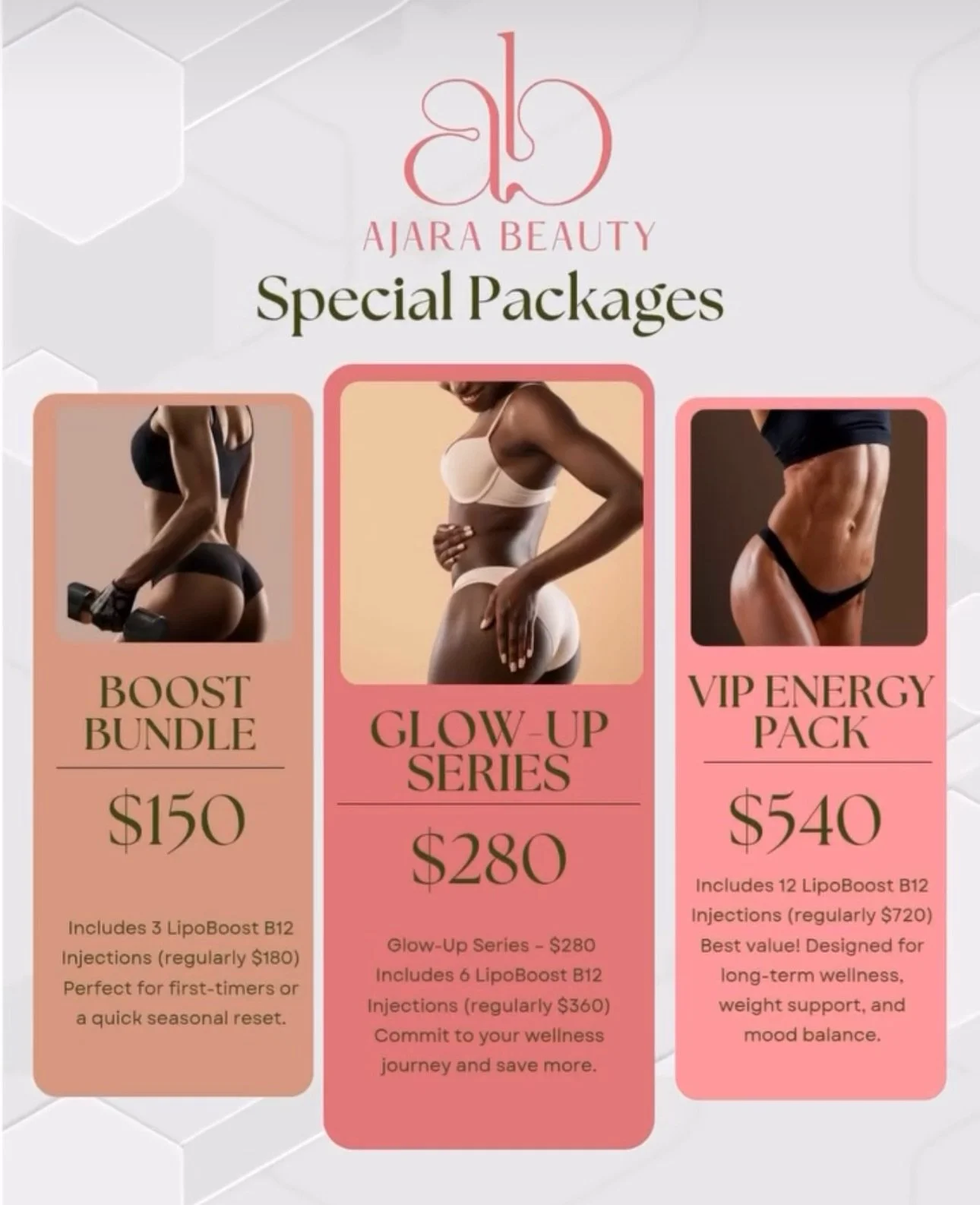 Save with our LipoBoost B12 Injection Packages 💉💪🏾

🔥 Whether you&rsquo;re just starting out or going all in, we&rsquo;ve got a bundle for everybody:

👉🏾 Boost Bundle includes 3 LipoBoost B12 Injections for only $150 (reg. $180) Perfect for fir