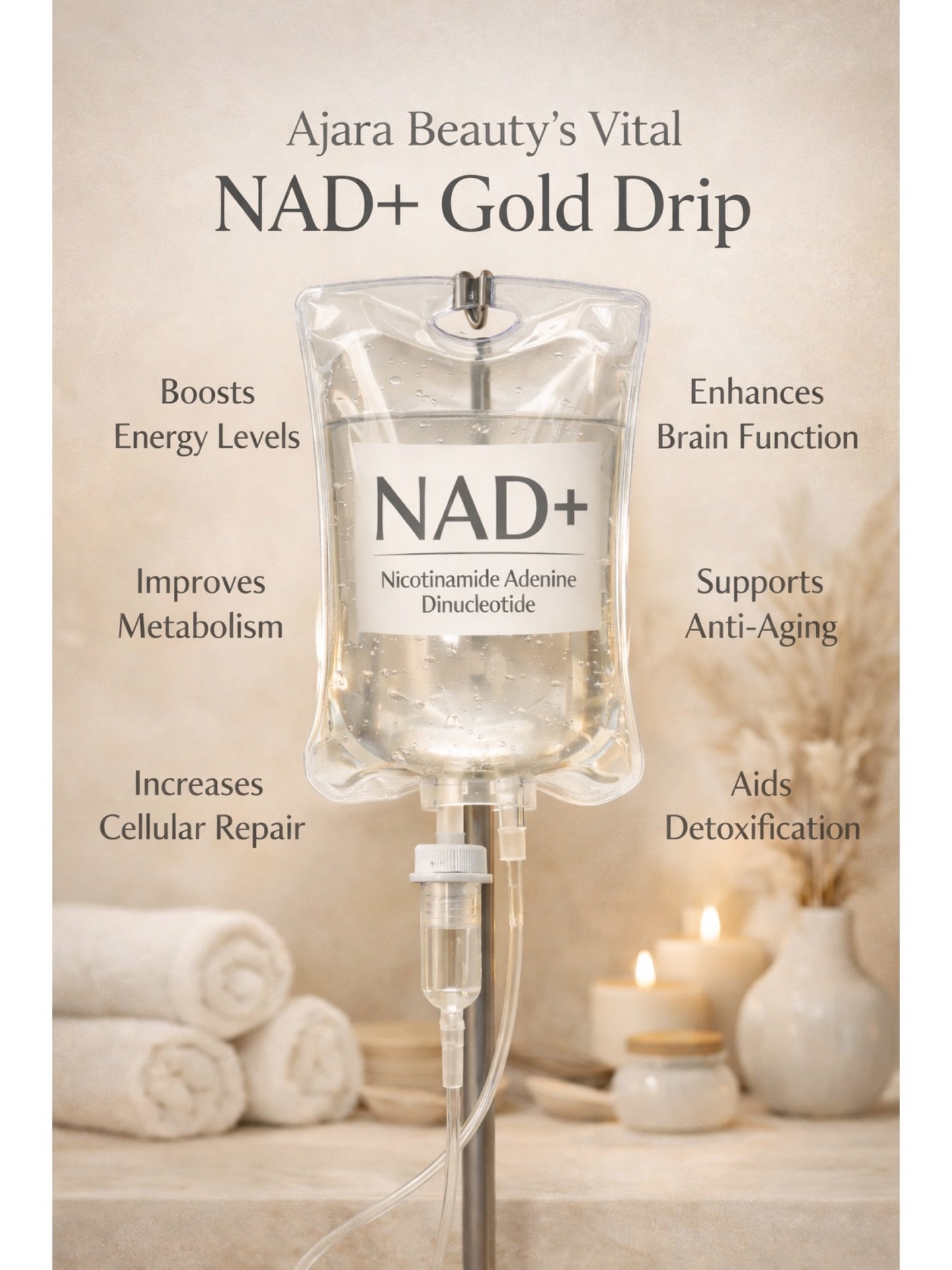 Low energy? Brain fog? Feeling burned out?

Ajara Beauty&rsquo;s Vital NAD+ Gold Drip is designed to help boost energy, support mental clarity, enhance cellular repair, and promote healthy aging from the inside out.

Ready to feel like yourself again
