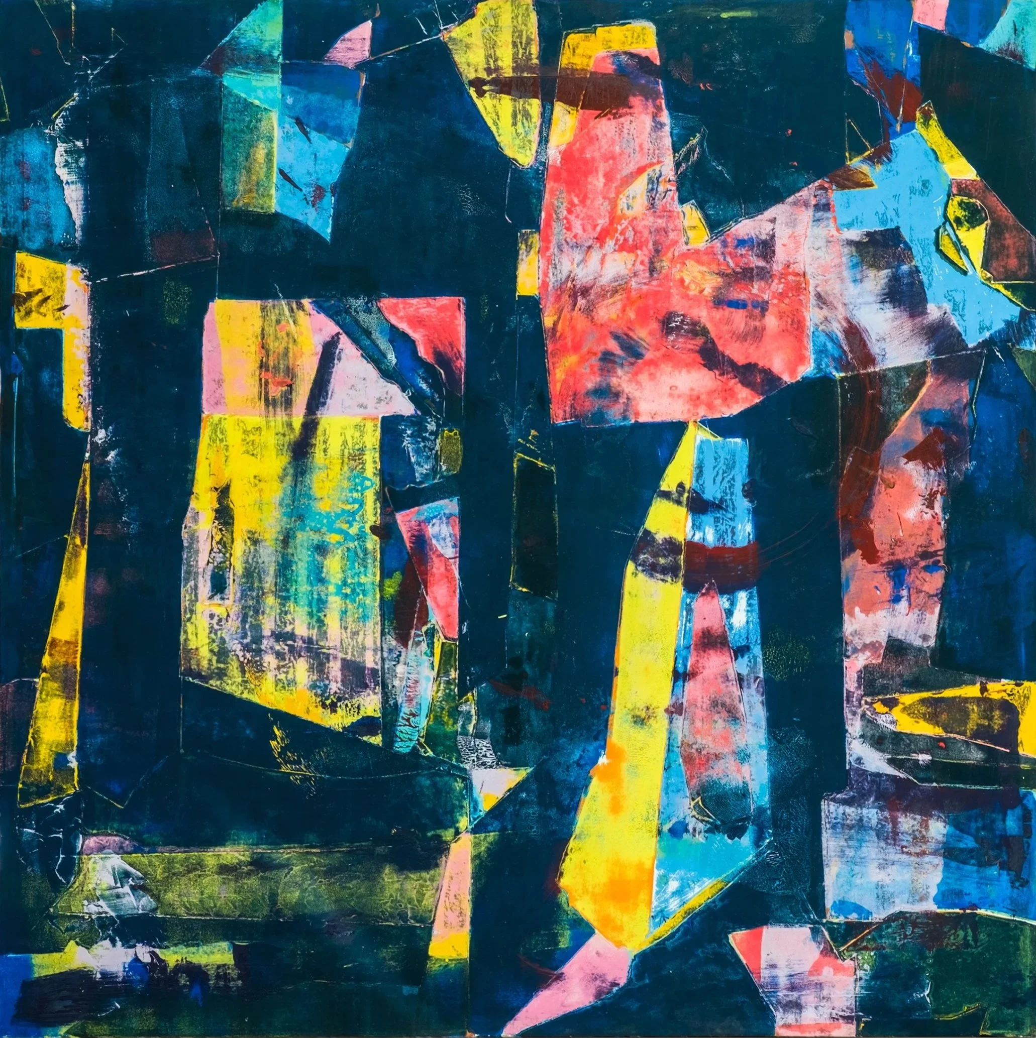 Abstract painting with geometric shapes in shades of blue, yellow, pink, red, and green.