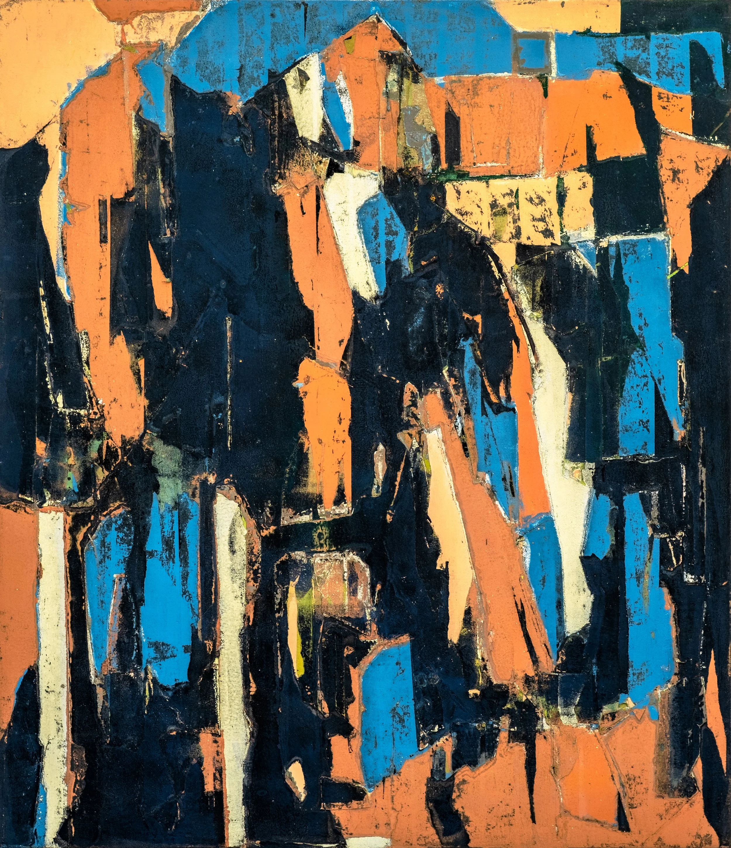 An abstract painting featuring a cityscape with tall buildings rendered in shades of orange, blue, black, and white, with textured brushstrokes.
