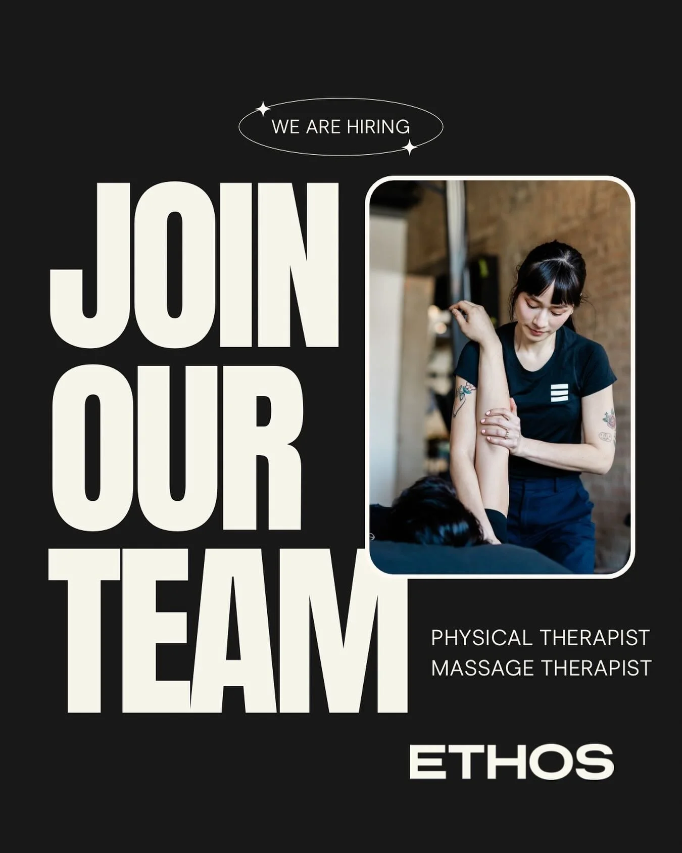 The Ethos Treatment team is growing! We are seeking clinicians across physical therapy &amp; massage therapy to add to our roster. If you&rsquo;re looking to grow alongside a team filled with experienced, collaborative practitioners, coaches, and lea