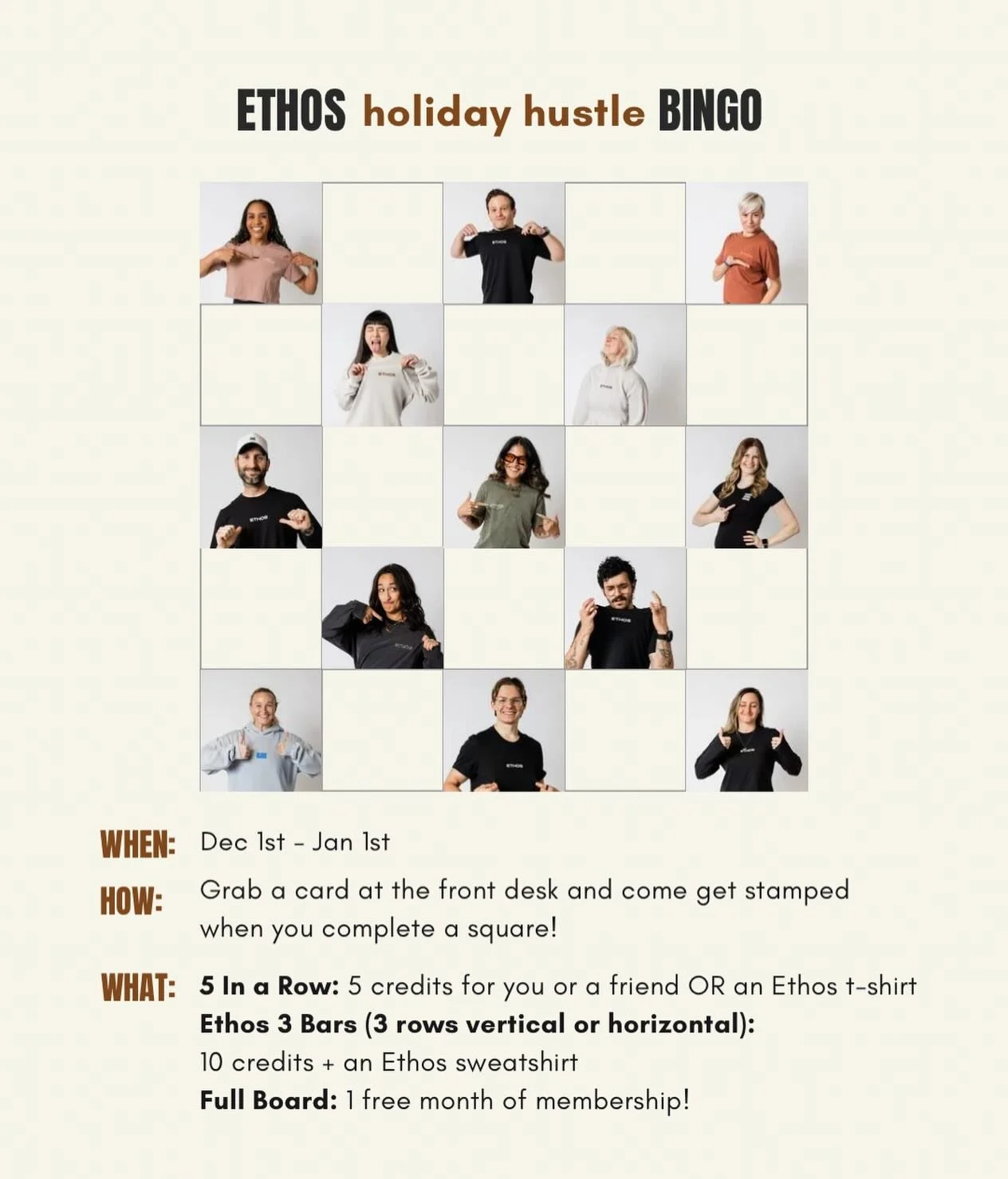 STARTING NEXT MONDAY 🎁&hellip; let&rsquo;s play 💪

Get your game on and join us for Ethos Holiday Hustle Bingo. Starting 12/1, grab a card from the front desk and get to work! With options across training, treatment, recovery, holiday giving, and m