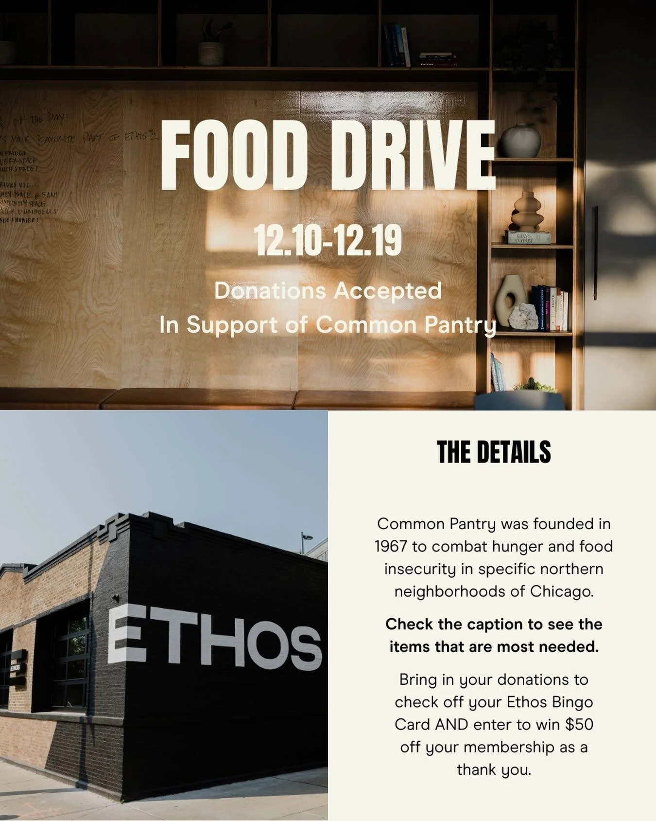 Join us in supporting our community in these cold months! From December 10th through 19th, we&rsquo;ll be collecting food and hygiene products for @commonpantry . Bring in your donations to check off your Ethos Bingo Card AND enter to win $50 off you