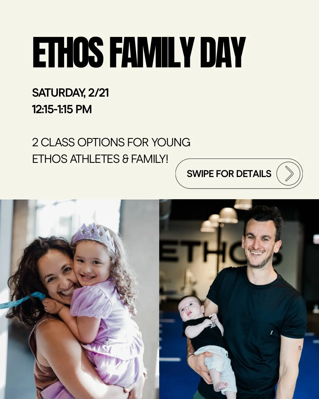 Hey Ethos members with kiddos &amp; young athletes!

Have you wanted to introduce the Ethos training experience to your child but haven&rsquo;t had the opportunity?  Join us on Saturday, 2/21 for Ethos family day! We are offering 2 class options at 1