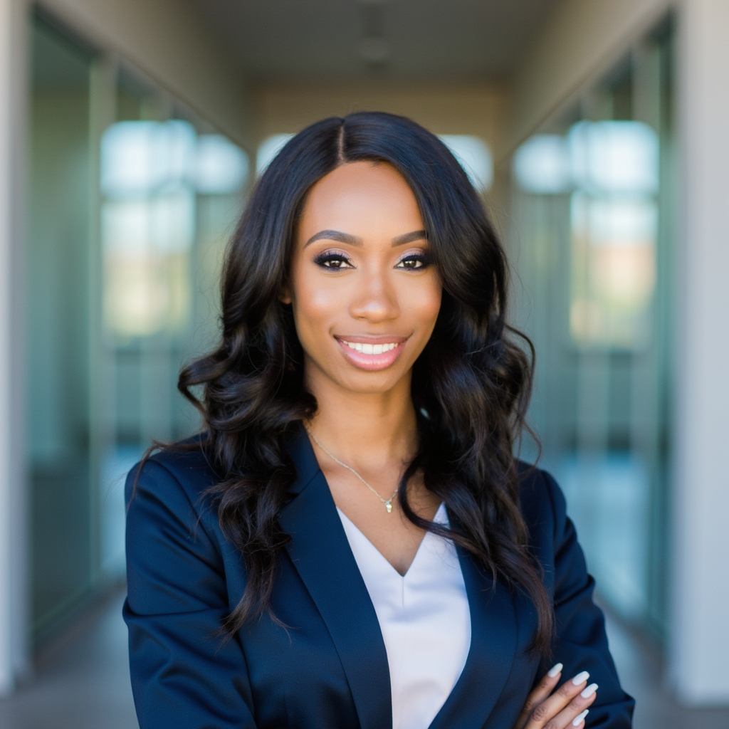 A professional woman with long wavy black hair, wearing a navy blazer and white top, smiling confidently in a modern office corridor.