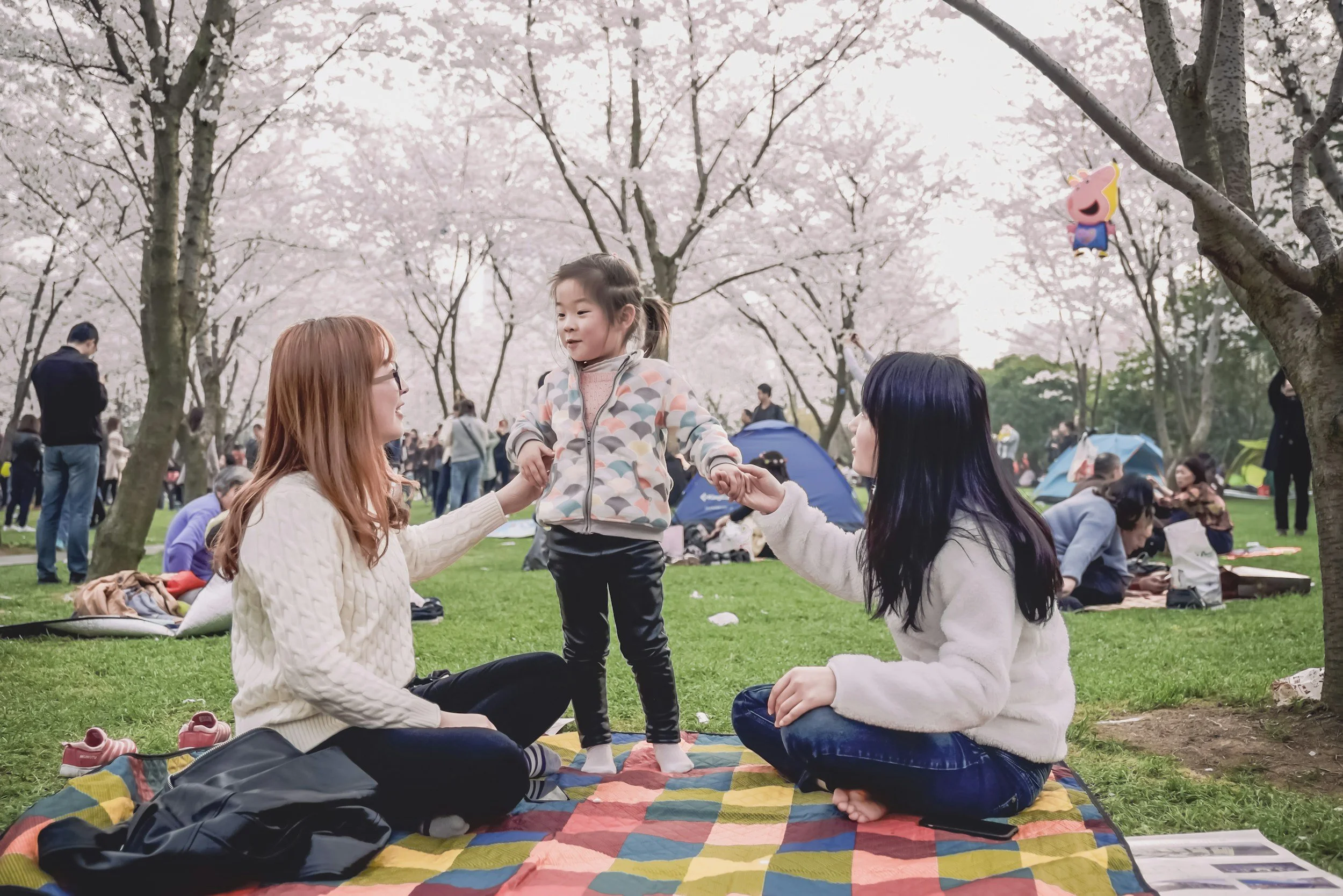 Two women seated on a colorful blanket in a park with blooming cherry blossom trees, holding and playing with a young girl between them. The scene is lively with many people and tents in the background.