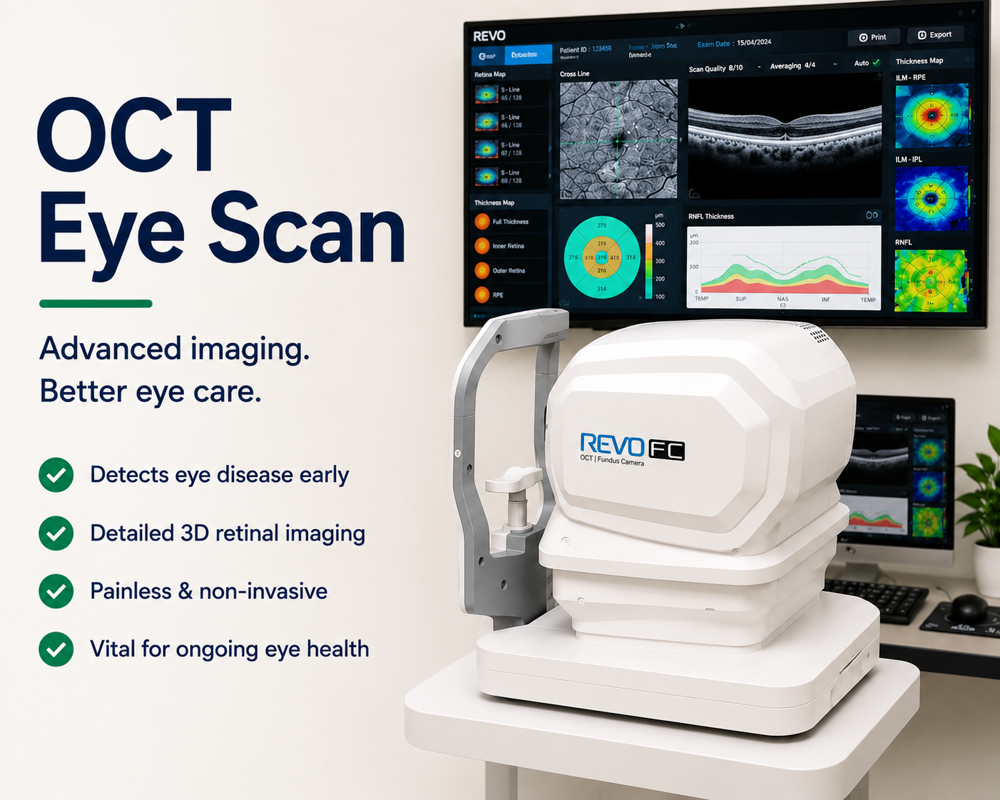 OCT Eye Scan. Advanced imaging, Better Eye Care. Detects Eye Disease early, Detailed 3D Retinal Imaging, Painless & Non-invasive, Vital for ongoing Eye health.