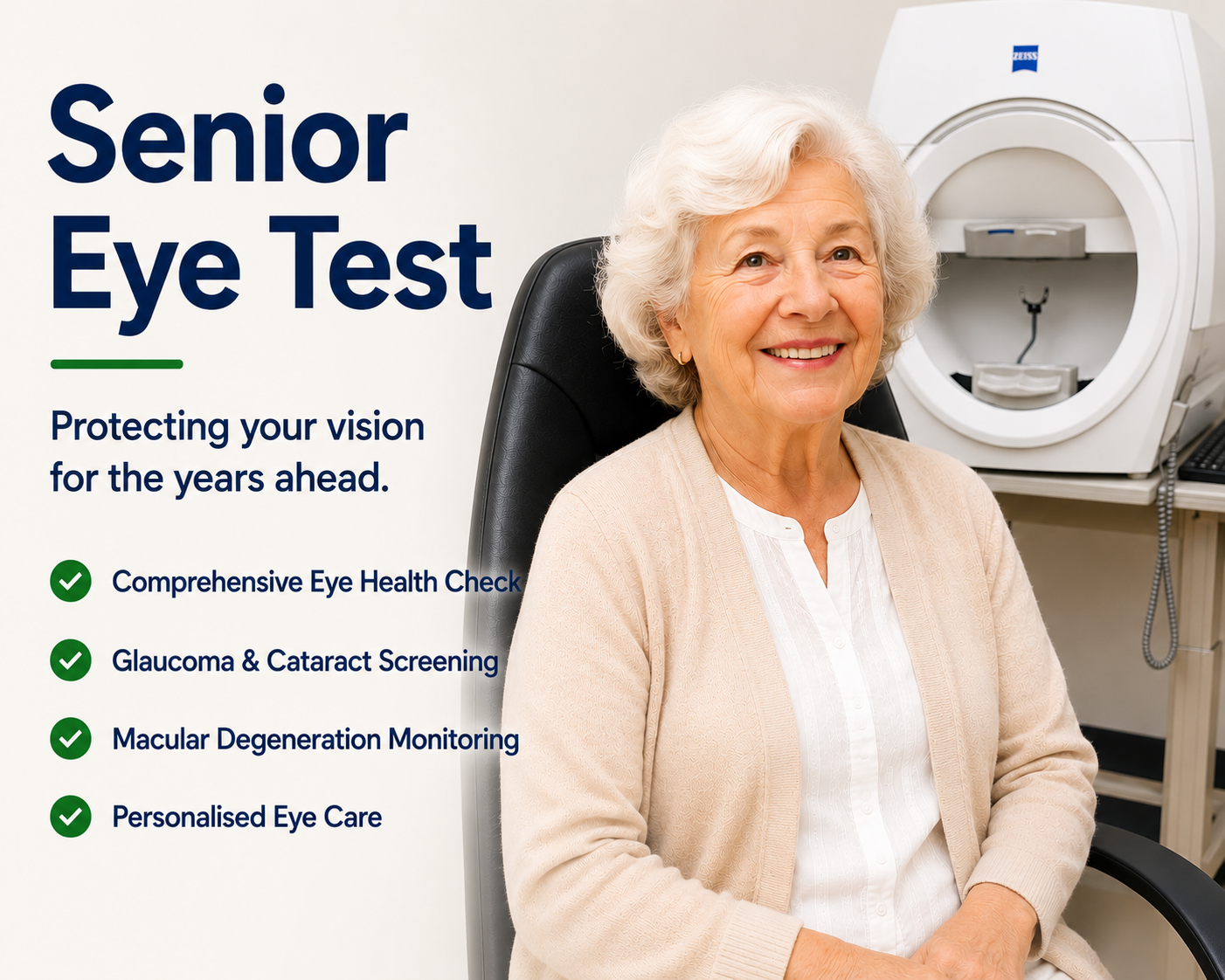 Senior Eye Test. Protecting your vision for the years Ahead. Comprehensive Eye Health Check Up, Glaucoma & Cataract Screening, Macular Degeneration Monitoring, Personalised Eye Care.