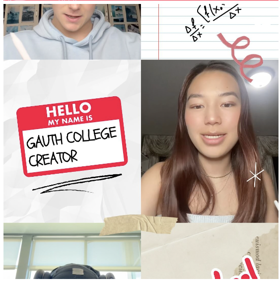 Collage image featuring a person in a hoodie, a math equation on a notebook, a "Hello My Name Is Gauth College Creator" name tag, a woman smiling, and a small backpack by a window. Design elements include a swirl, starburst, and vintage paper textures.