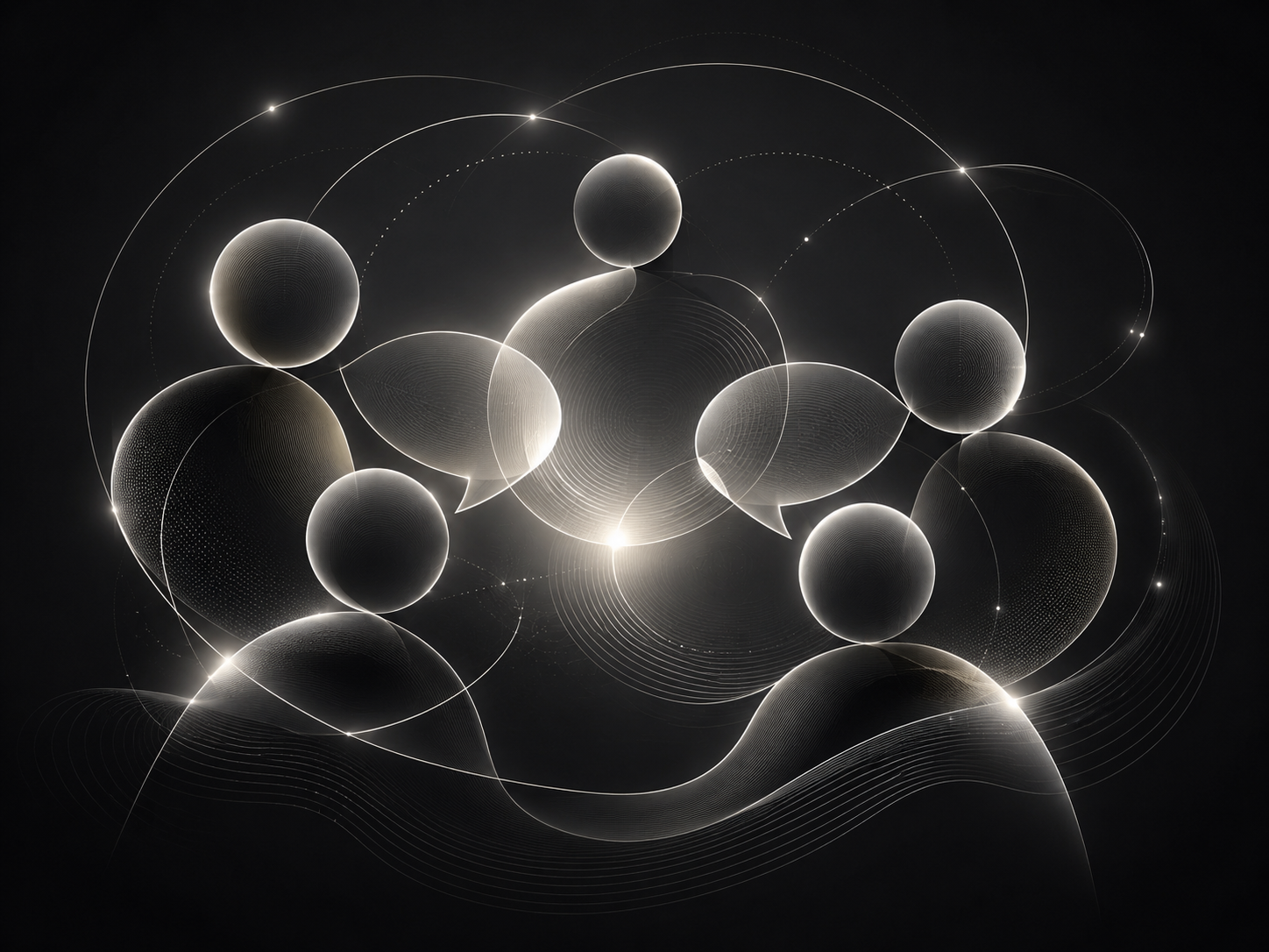Abstract monochrome visual representing community dialogue and DeFi education across Asia