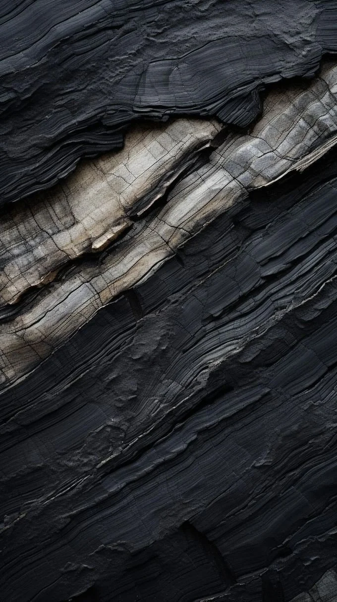 Close-up of layered black and beige volcanic rock formations with a textured surface.