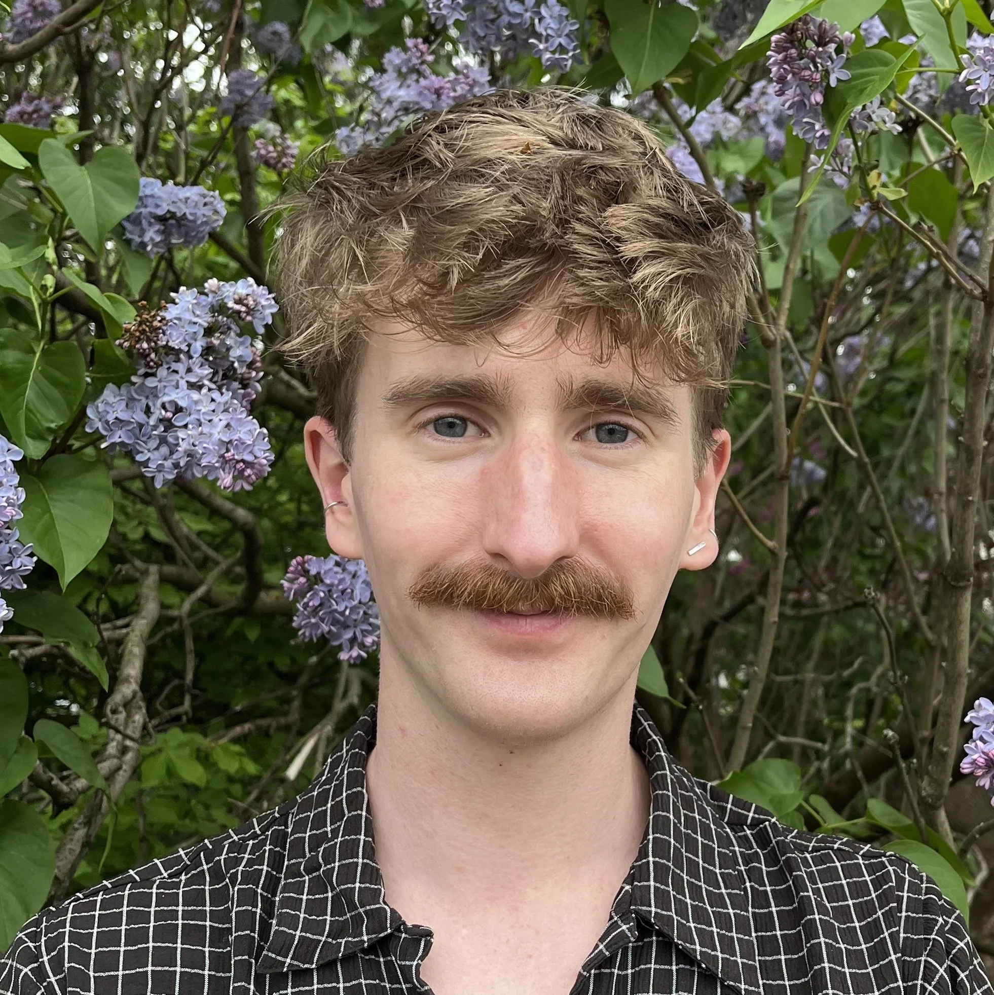A young man with light skin, light brown curly hair, blue eyes, and a mustache, wearing a black and white checked shirt, stands in front of a bush with purple flowers and green leaves.
