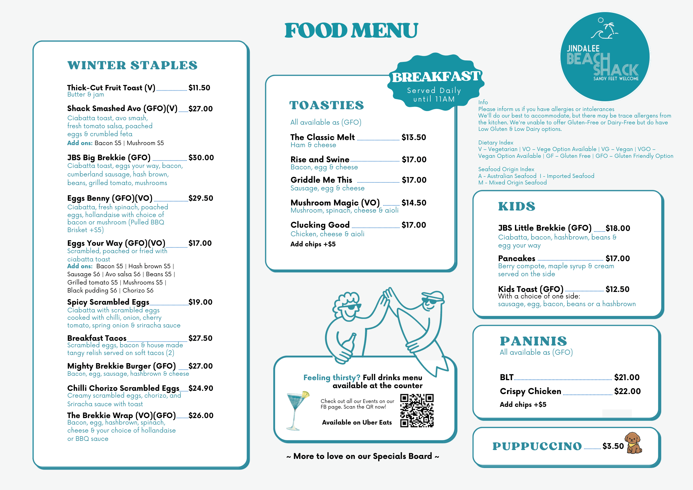 Jindalee Beach Shack Food Menu